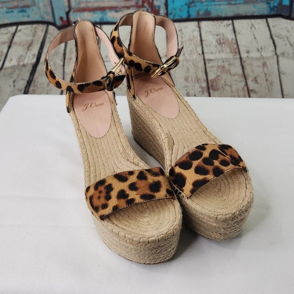 J Crew Leopard Calf Hair Espadrille Wedge